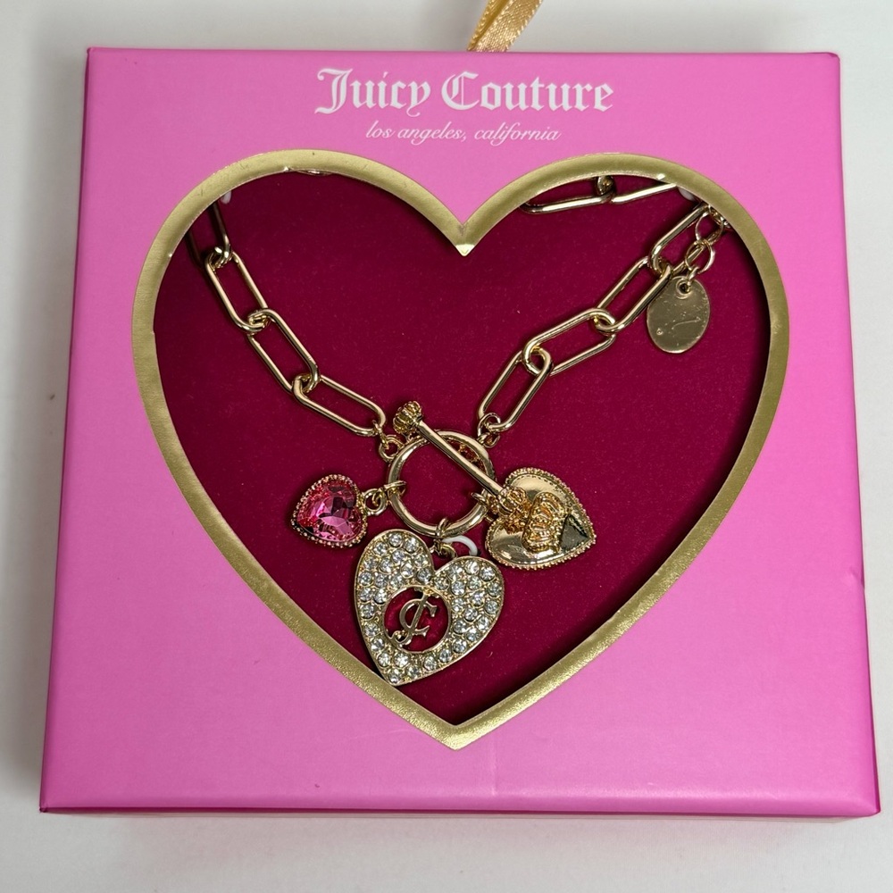 Juicy Couture Gold Tone Paperclip Chain Heart Charm‎ bracelet Pink Crystal NIB